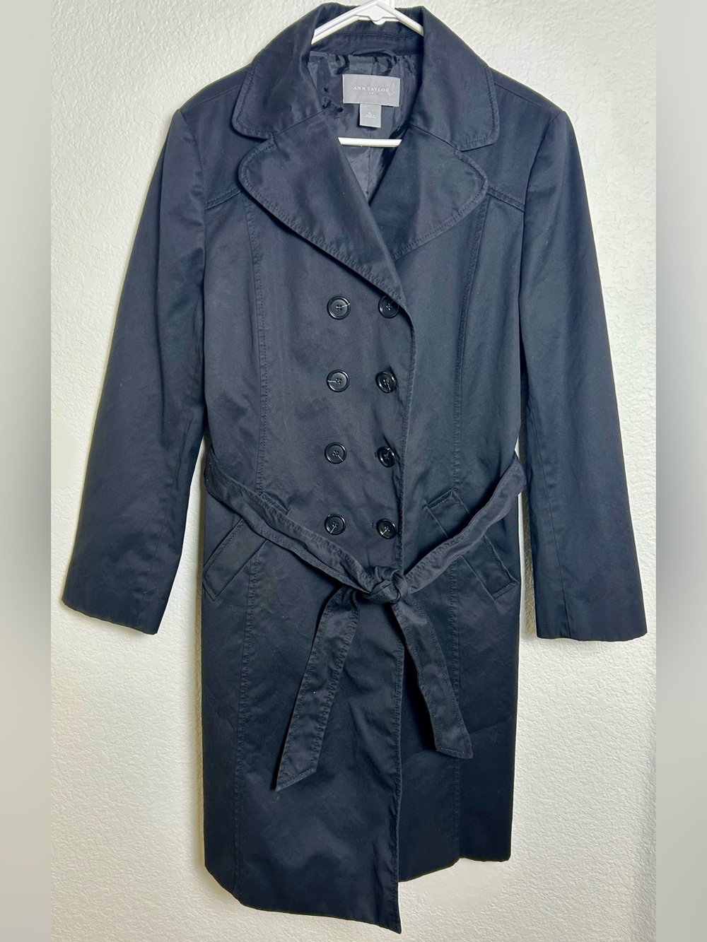 Ann Taylor Loft Black Double Breasted Trench Coat Belted Jacket Women’s XL